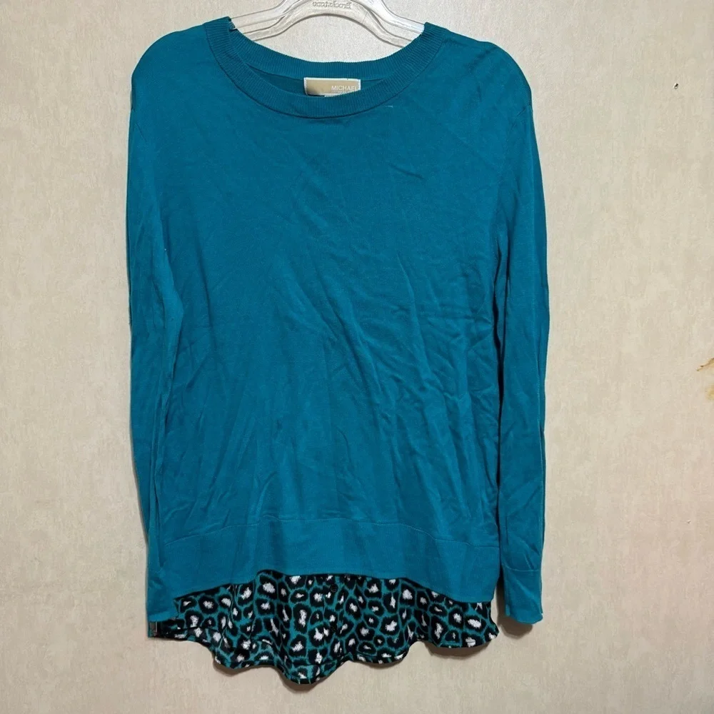 Michael Kors Turquoise Long Sleeve Animal Print Fashion Top Blouse